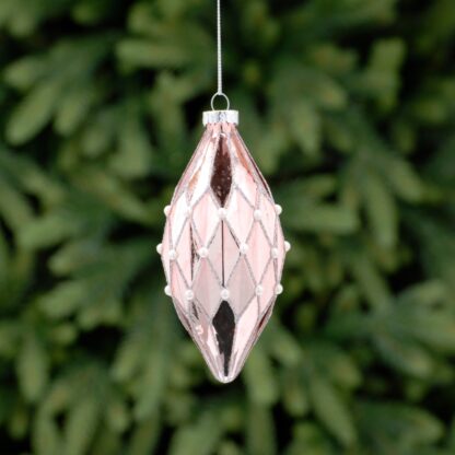 Christmas Tree Decoration - Rose Gold With Silver Glitter Lines Glass Olive Bauble
