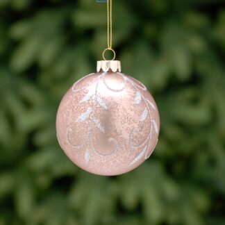 Christmas Tree Decoration - Pink With Silver Glitter Leaf Glass Bauble
