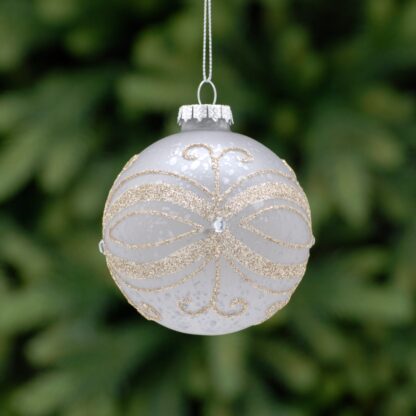 Christmas Tree Decoration - Silver Gold With Glitter Lines Glass Bauble