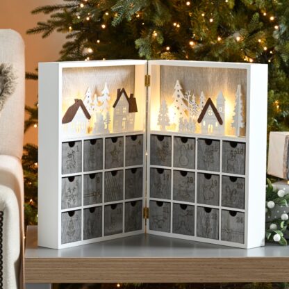 Christmas Decoration - White Village Advent Scene - 36cm - Battery Operated