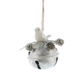 Christmas Tree Decoration - Metal Silver Bell With Foliage And White Bird