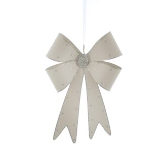 Christmas Decoration - Metal White With Silver Glitter Hanging Bow