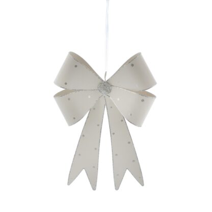 Christmas Tree Decoration - Metal White Bow With Glitter