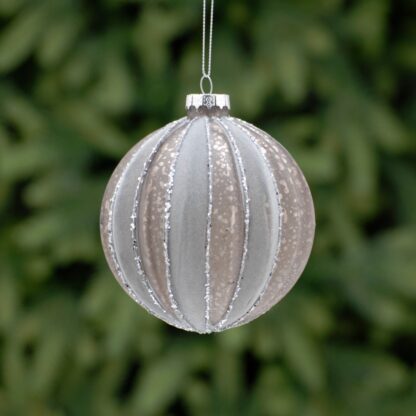 Christmas Tree Decoration - Flocked Grey Segment Glass Bauble