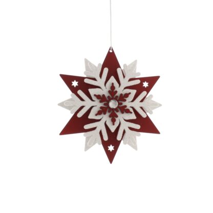 Christmas Tree Decoration - Red And White Wooden Snowflake