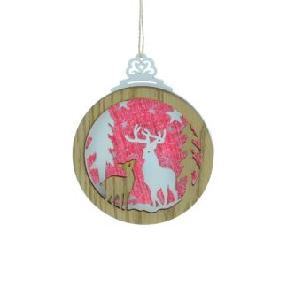 Christmas Tree Decoration - Wooden White And Red Fabric Deer Scene