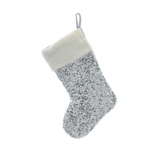 Christmas Decoration - Silver Sequin With White Fur Stocking