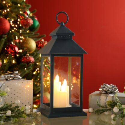 Christmas Decoration - Blue Lantern in Warm White Light Candles - 31cm