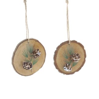 Christmas Decoration - Wooden Hanging Disc With Pinecone