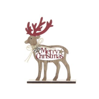 Christmas Decoration - Wooden Natural And Red Merry Christmas Reindeer