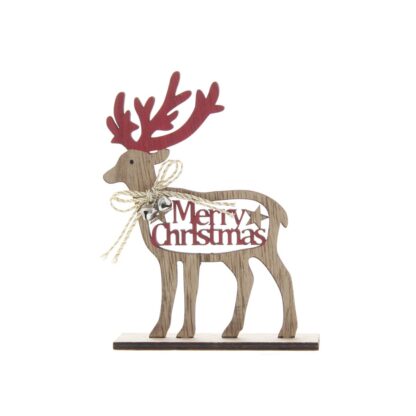 Christmas Decoration - Wooden Natural And Red Merry Christmas Reindeer