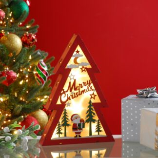 Christmas Decoration - Led Wooden Red And Green Tree With Santa Scene