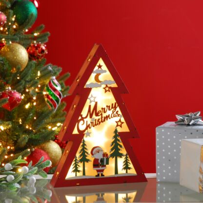 Christmas Decoration - Led Wooden Red And Green Tree With Santa Scene