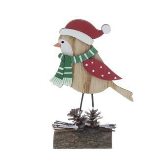 Christmas Decoration - Wooden Robin With Red And White Hat