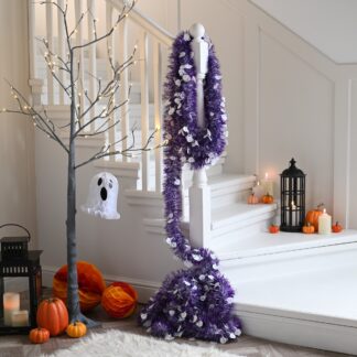 Christmas Tree Decoration - Extra Long Purple With White Skull Tinsel - 10m