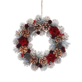 Christmas Decoration - Red Flower And White Pinecone Wreath