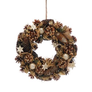 Christmas Decoration - Pinecone Wreath With Gold Balls And Stars - 36cm