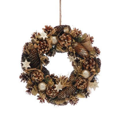 Christmas Decoration - Pinecone Wreath With Gold Balls And Stars - 36cm