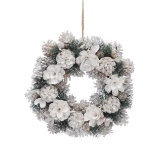 Christmas Decoration - White Flowers And White Pinecones Wreath - 36cm