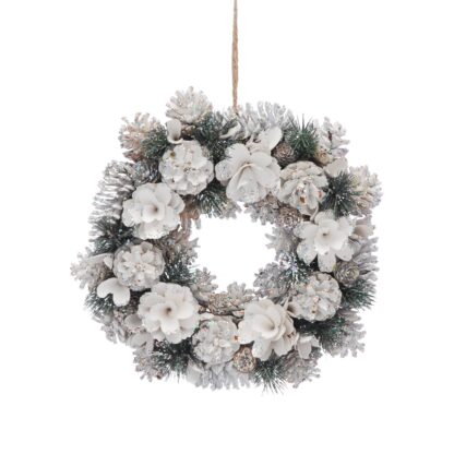 Christmas Decoration - White Flowers And White Pinecones Wreath - 36cm
