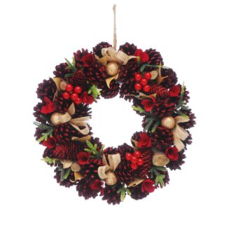 Christmas Decoration - Red Rose And Pinecone Wreath - 36cm