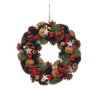 Christmas Decoration - Pinecone Wreath With Tartan Ribbon - 36cm
