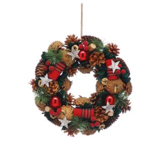 Christmas Decoration - Pinecone Wreath With Tartan Ribbon - 30cm