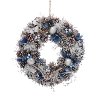 Christmas Decoration - Blue Flowers And Silver Balls Wreath - 36cm