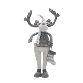 Christmas Decoration - Standing Grey Reindeer With Striped Scarf