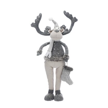 Christmas Decoration - Standing Grey Reindeer With Striped Scarf