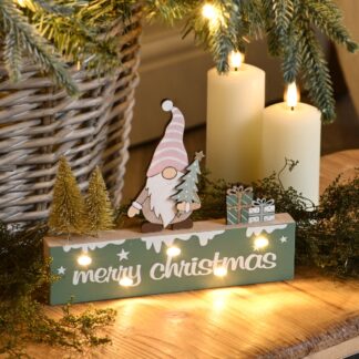Christmas Decoration - Green Led Merry Christmas Sign With Gonk
