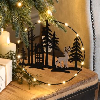 Christmas Decoration - Led Metal Circle With Reindeer And House Scene