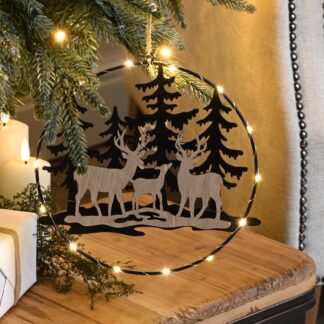 Christmas Decoration - Led Metal Circle With Reindeer Scene