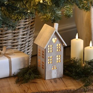Christmas Decoration - Led Wooden House With Heart Detail