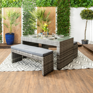 Naples - Glass Topped Luxury Grey Rattan Picnic Table With Two Benches & Anthracite Cushions