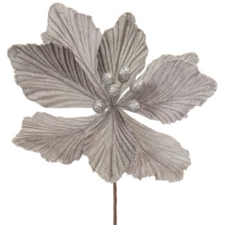 Christmas Floristry Decoration  -  Silver Velvet Magnolia Stem - Approx 40cm