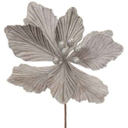 Christmas Floristry Decoration  -  Silver Velvet Magnolia Stem - Approx 40cm
