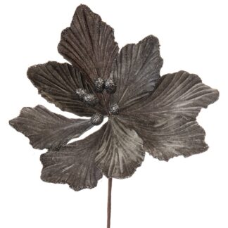 Christmas Floristry Decoration  -  Pewter Grey Velvet Magnolia Stem - Approx 40cm