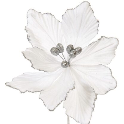 Christmas Floristry Decoration - Bright White Velvet Magnolia Stem