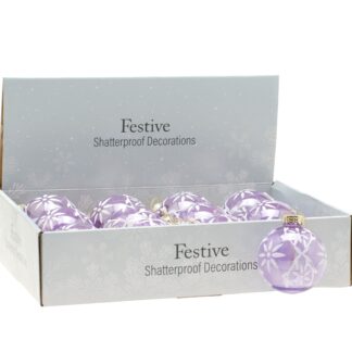 Christmas Tree Decorations - Lilac Glitter Flower Baubles - Pack of 12