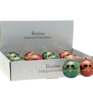 Christmas Tree Decoration - Assorted Red And Green - Gold Glitter Baubles - Pack of 12