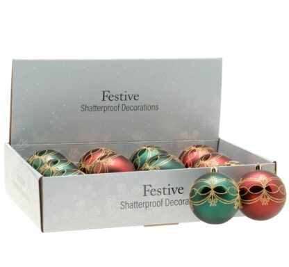 Christmas Tree Decoration - Assorted Red And Green - Gold Glitter Baubles - Pack of 12