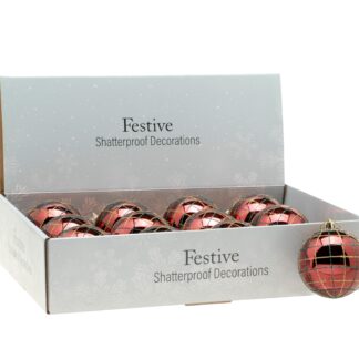 Christmas Tree Decorations - Burgundy Tartan -  Glitter Baubles  - Pack of 12