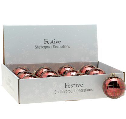 Christmas Tree Decorations - Burgundy Tartan -  Glitter Baubles  - Pack of 12