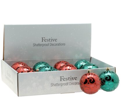 Christmas Tree Decorations - Red And Green Glitter Baubles  - Pack of 12