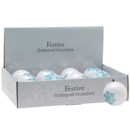 Christmas Tree Decorations - White And Blue Snowflake -  Glitter Baubles  - Pack of 12