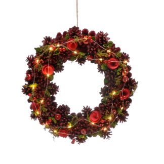 Christmas Wreath - Battery Operated Pre-Lit Red Rose - Approx 45cm