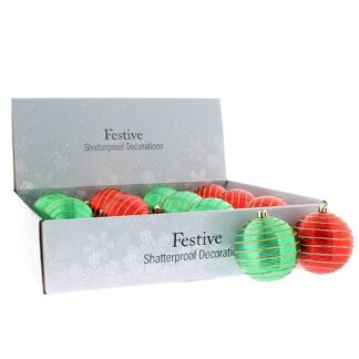 Christmas Tree Decorations - Assorted Red And Green Glitter Baubles - Pack of 12
