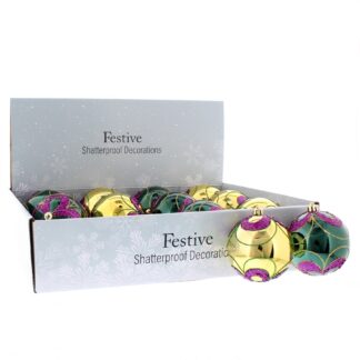 Christmas Tree Decorations - Assorted Green And Gold Glitter Baubles - Pack of 12