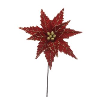 Christmas Floristry Decoration - Red Velvet Glitter Poinsettia Stem